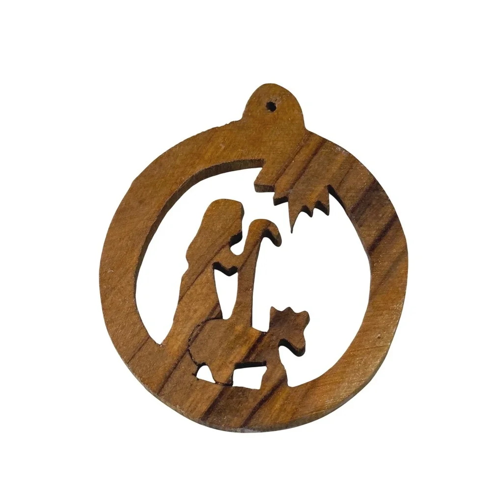 Nativity Scene Ornament Wooden Round Christmas Tree Decor Hanging Charm Shepherd